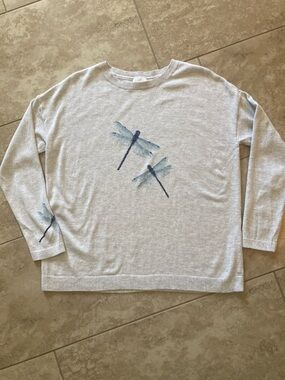 J. Jill Light Gray Crewneck Sweater with Blue Dragonfly Motif